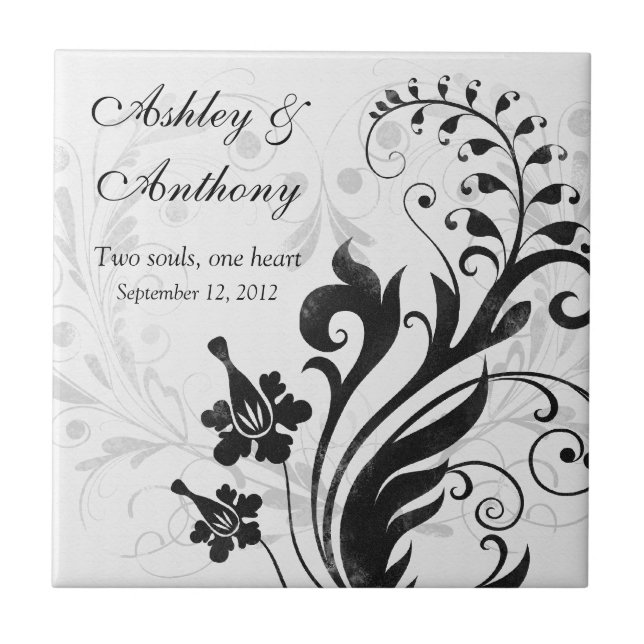 Azulejo De Cerámica Tile Boda personalizado floral en blanco y negro (Frente)