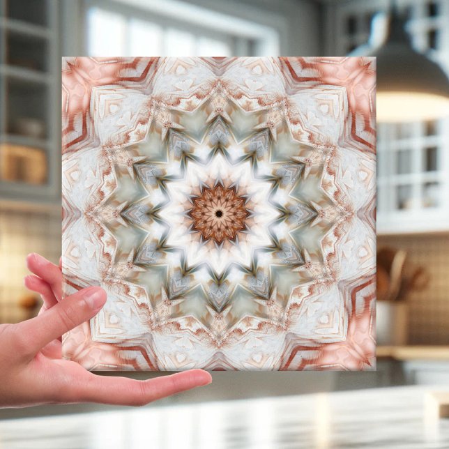 Azulejo De Cerámica Tile De Patrón Geométrico De La Pluma De Estrella  (Nature inspired star mosaic design tile in light colors with rose gold effects)