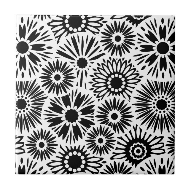 Azulejo De Cerámica Tile floral blanco y negro (Frente)