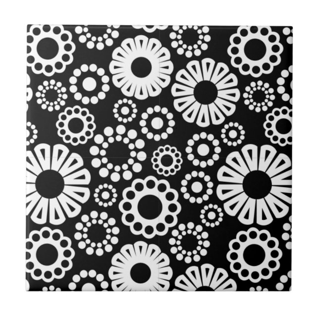 Azulejo De Cerámica Tile floral blanco y negro (Frente)