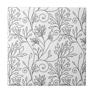Azulejo De Cerámica Tile floral blanco y negro