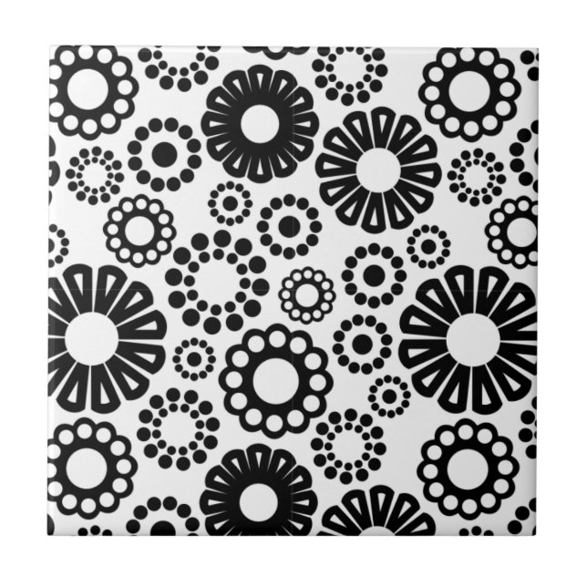 Azulejo De Cerámica Tile floral blanco y negro (Frente)