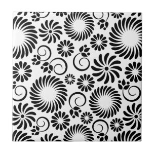 Azulejo De Cerámica Tile floral blanco y negro