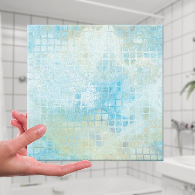 Azulejo De Cerámica Tile Geométrico De Baño Turquoise Pastel (Tile featuring a geometric artistic checkered pattern in ocean and seafoam colors)