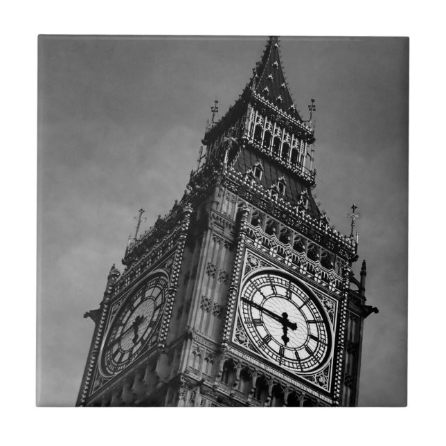 Azulejo De Cerámica Torre del reloj Big Ben negro y blanco (Frente)