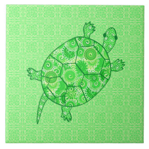 Azulejo De Cerámica Tortuga giratoria fractal - cal y verde esmeralda