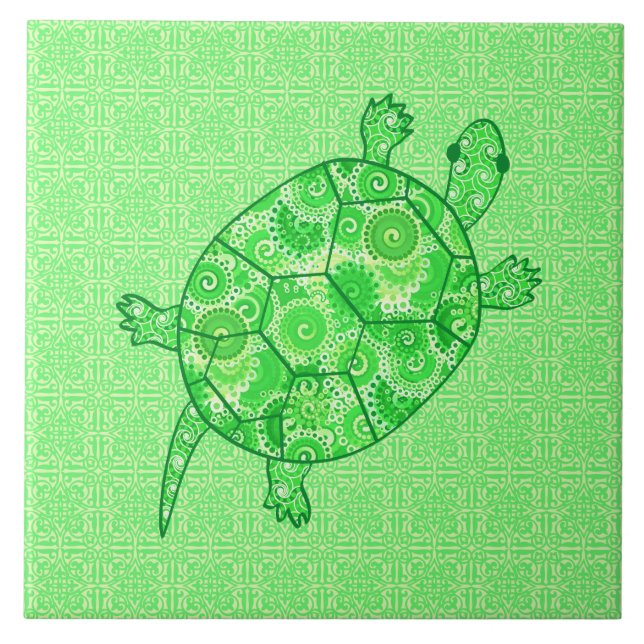 Azulejo De Cerámica Tortuga giratoria fractal - cal y verde esmeralda (Frente)