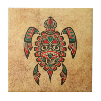 Azulejo De Cerámica Tortuga roja y verde del vintage del Haida del