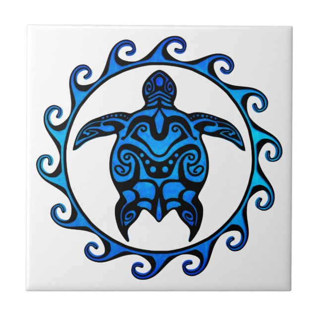 Azulejo De Cerámica Tortuga tribal azul Sun (Frente)