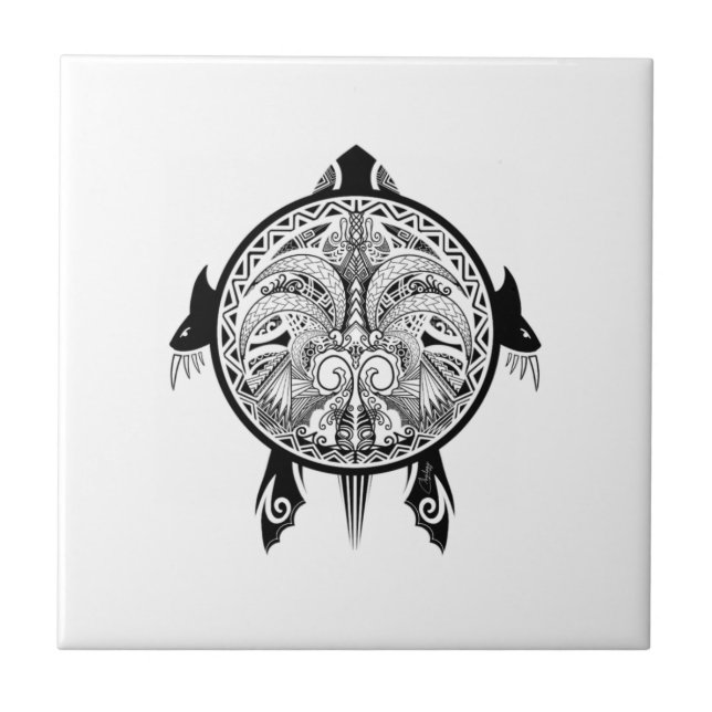 Azulejo De Cerámica Tortuga tribal del tatuaje (Frente)