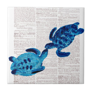 Azulejo De Cerámica Tortugas azules enamoradas