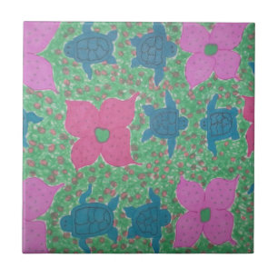 Azulejo De Cerámica Tortugas marinas y flores arte tropical