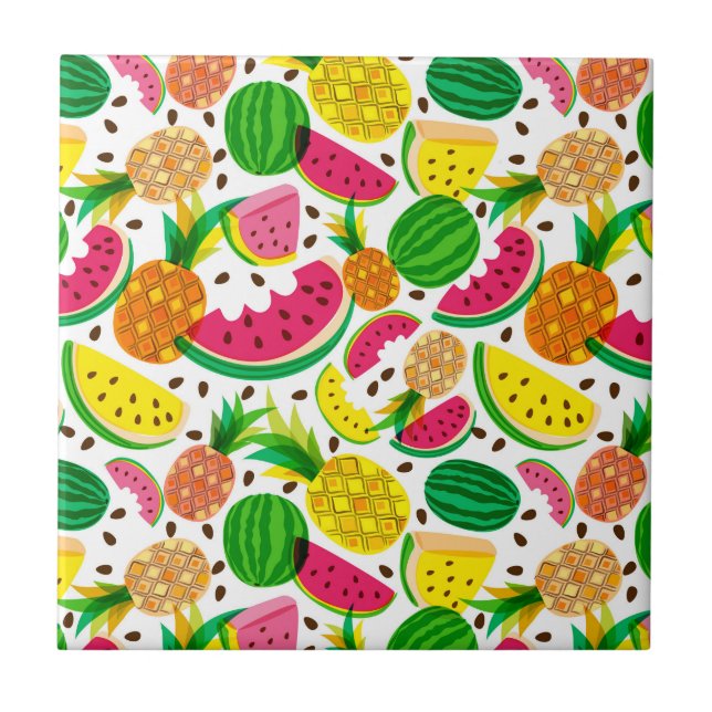 Azulejo De Cerámica Trama de frutas tropicales rojas y amarillas (Frente)