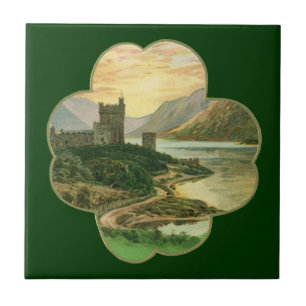 Azulejo De Cerámica Trébol de la Suerte Dorado Vintage con un Castillo