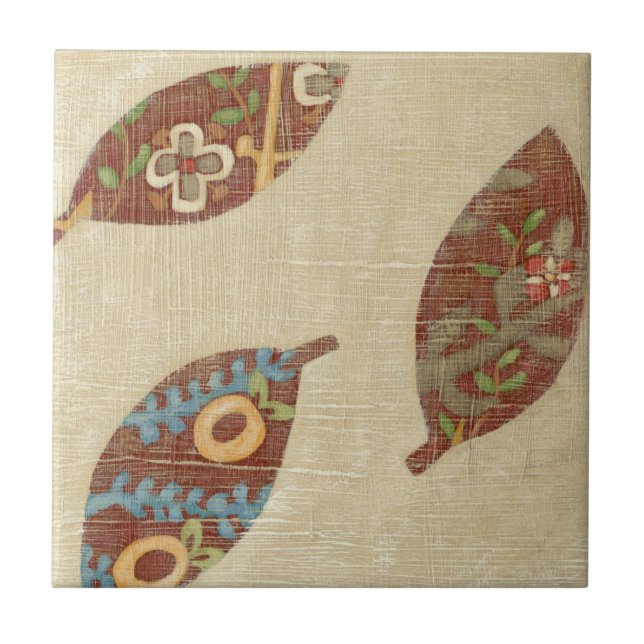 Azulejo De Cerámica Tres hojas sobre fondo de textura lineal (Frente)