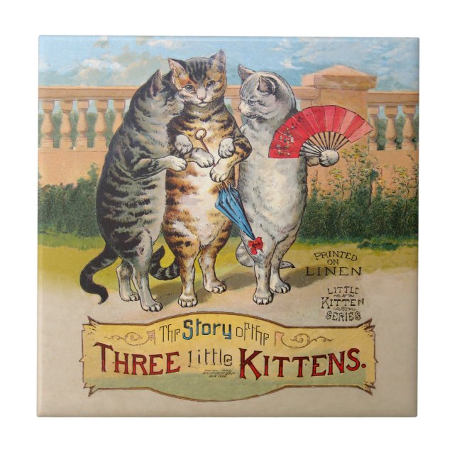 Azulejo De Cerámica Tres pequeños gatitos madre Ilustracion de oca (Frente)