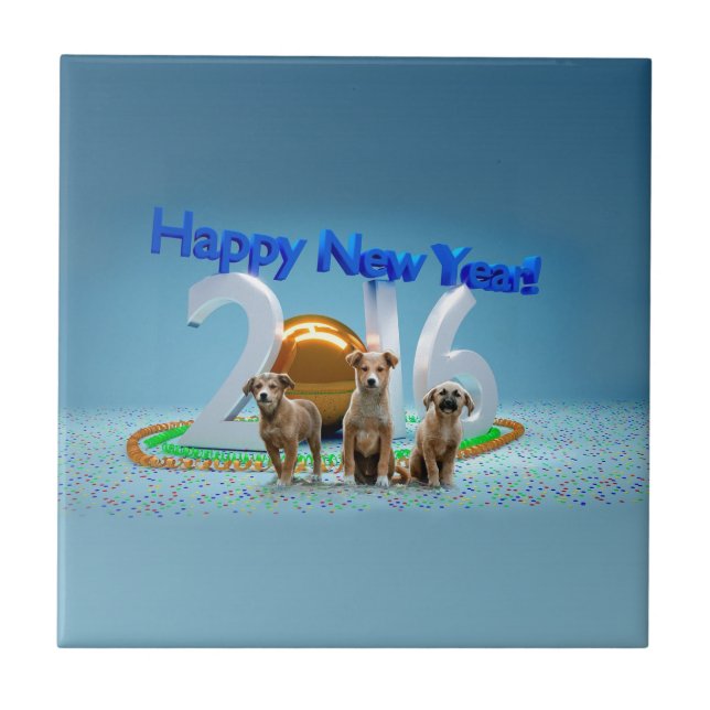 Azulejo De Cerámica Tres perros graciosos deseando un feliz año nuevo  (Frente)