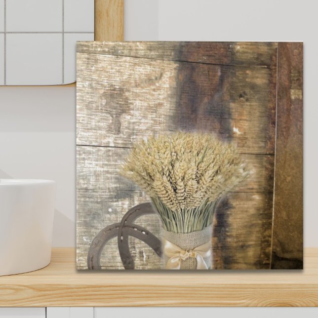 Azulejo De Cerámica Trigo herradura de barril occidental de madera (Wooden Barrel western country horseshoe wheat Tile)