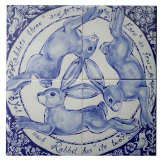 Azulejo De Cerámica Trío de mosaico de aves azul y blanco