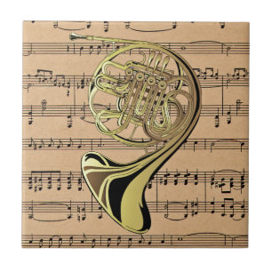 Azulejo De Cerámica Trompa Francesa ~ Con Fondo de Partitura