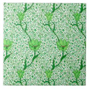 Azulejo De Cerámica Tulip Damask de Art Nouveau, verde esmeralda