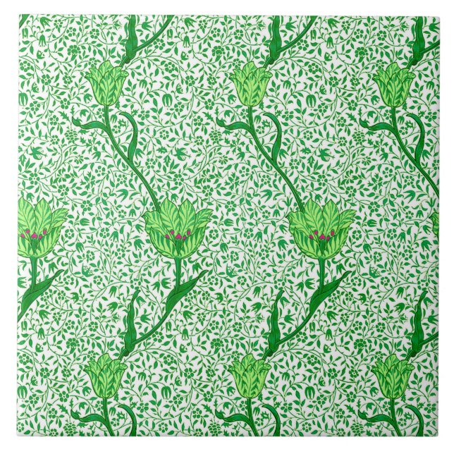 Azulejo De Cerámica Tulip Damask de Art Nouveau, verde esmeralda (Frente)