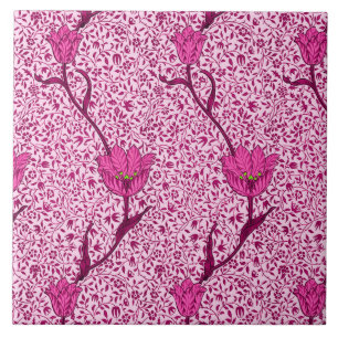 Azulejo De Cerámica Tulip Damask de Art Nouveau, vino y rosa Fuchsia