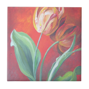 Azulejo De Cerámica Tulipanes artísticos rojos y amarillos
