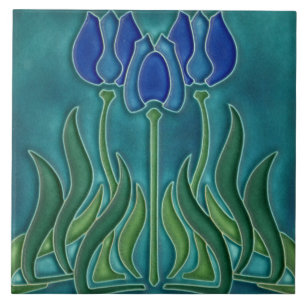 Azulejo de cerámica - Tulipanes azules vintage Art