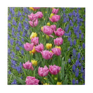 Azulejo De Cerámica Tulipanes de primavera rosados y amarillos