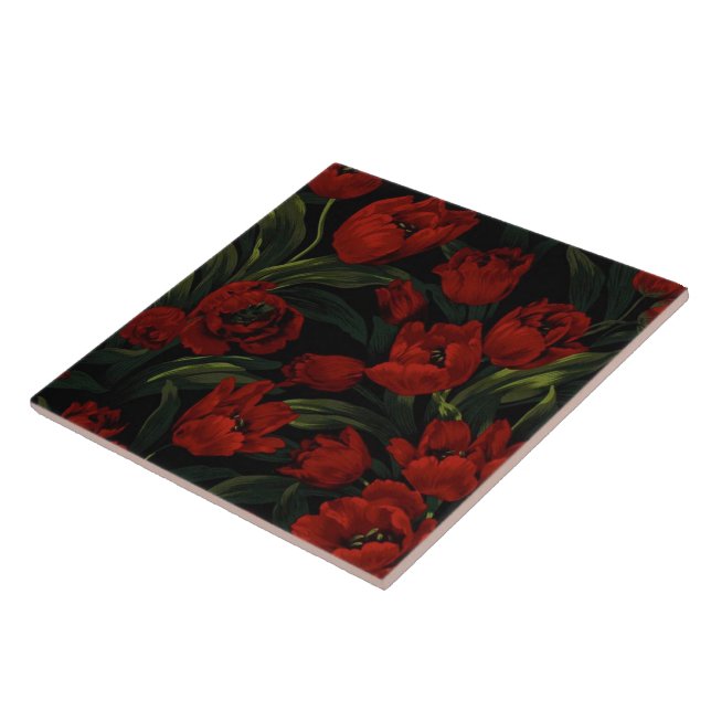 Azulejo De Cerámica Tulipanes rojos en negro (Lado)
