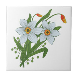 Azulejo De Cerámica Tulipanes y Flores de Narcisos