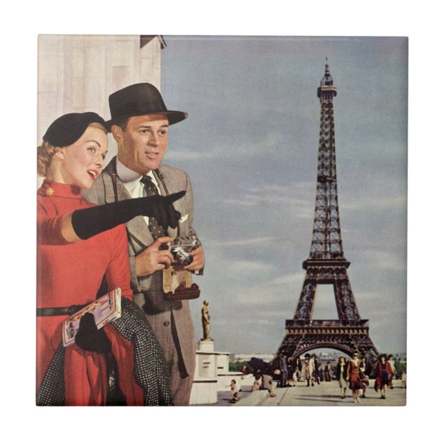 Azulejo De Cerámica Turistas de época en la Torre Eiffel, París de vac (Frente)