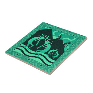 Azulejo De Cerámica Turquesa del sudoeste de Kokopelli y Trivet negro