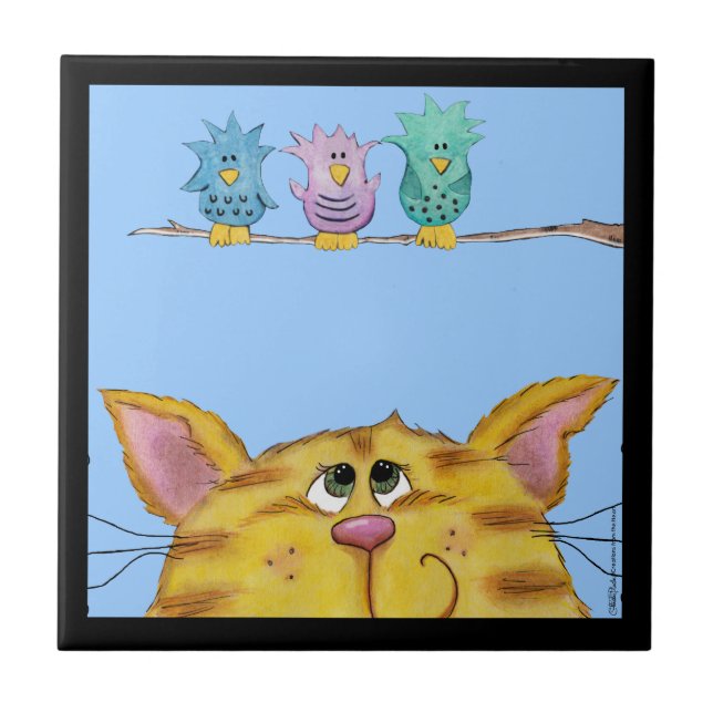 Azulejo De Cerámica Un gato vigilante de aves observa las aves por enc (Frente)