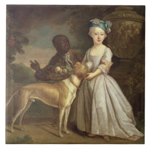 Azulejo De Cerámica Una chica joven con un perro y una página, 1720-3
