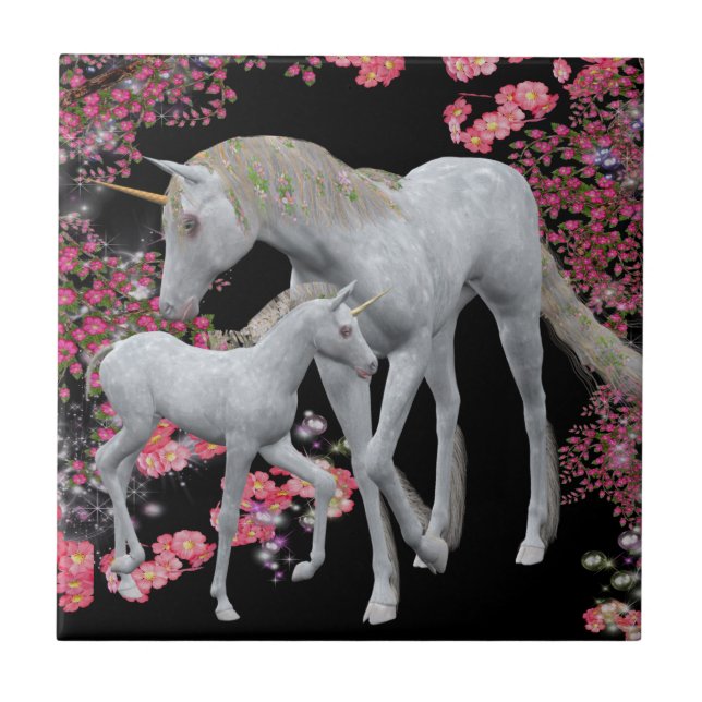Azulejo De Cerámica Unicornio Y Bebé Fantasy Tile Trivet (Frente)