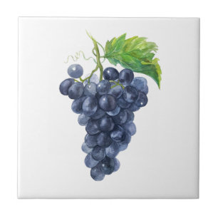 Azulejo De Cerámica Uvas Negras y Hojas Verdes – Arte de Acuarela