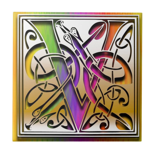 Azulejo De Cerámica V Personalizado celta arcoiris monograma mosaico (Frente)