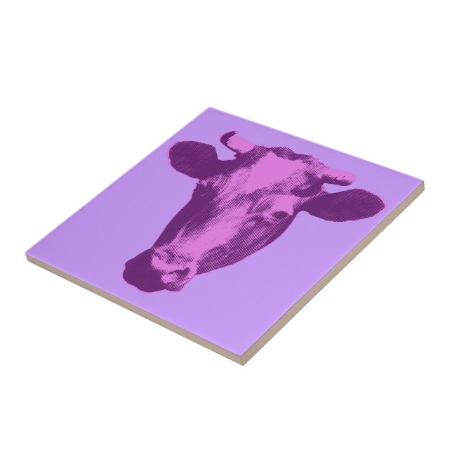 Azulejo De Cerámica Vaca de arte pop rosa y morado (Lado)