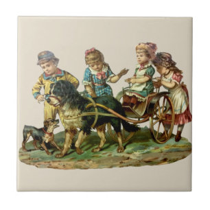 Azulejo De Cerámica Vagón Antiguo de Niños y Perro