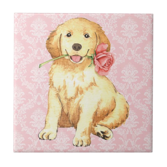 Azulejo De Cerámica Valentine Rosa Golden Retriever (Frente)