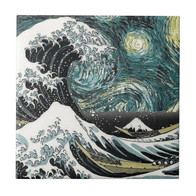 Azulejo De Cerámica Van Gogh la noche estrellada - Hokusai la gran (Frente)