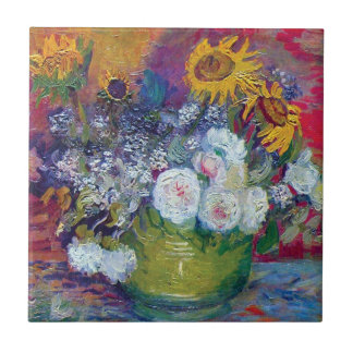 Azulejo De Cerámica Van Gogh - Naturaleza Muerta con Rosas y Girasoles