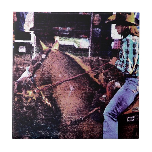 Azulejo De Cerámica Vaquera y Paint Horse (Frente)