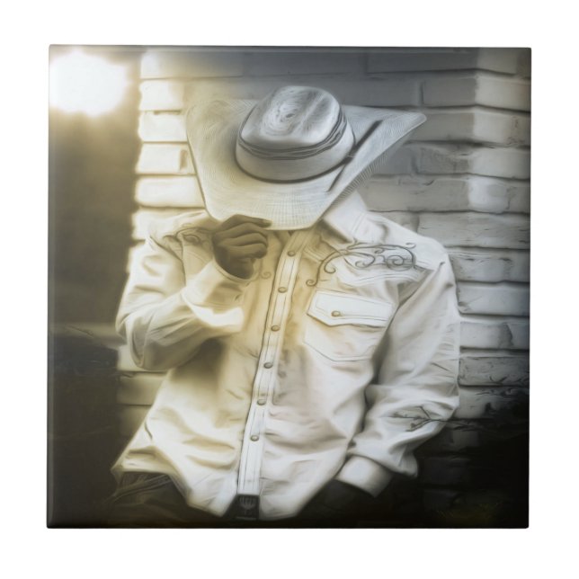 Azulejo De Cerámica Vaquero aguantando a su Gorra (Frente)