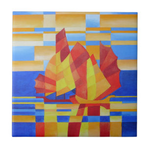 Azulejo De Cerámica Vela en los siete mares, tan azul, resumen cubista