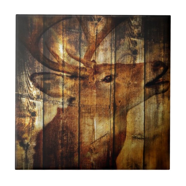 Azulejo De Cerámica Venado de cola blanca primitivo de madera del (Frente)