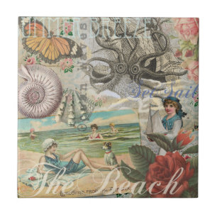Azulejo De Cerámica verano playa vintage pulpo antiguo navegando
