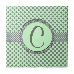 Azulejo De Cerámica Verde de menta con puntos de polka gris-Monograma